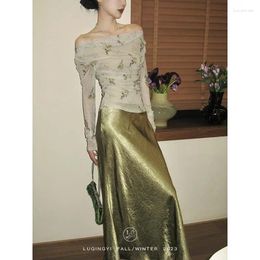 Skirts French High End Versatile Flowing Satin Long Skirt Summer Waist Slim And Hanging A-line Fishtail For Women