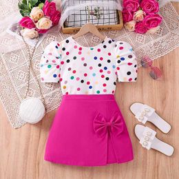 Clothing Sets 2024 New Summer White Polka Dot Top Rose Shorts Sweet Vacation Party Daily Casual Fashion For 8-12Ys Girl Outfit Y2405206J1S
