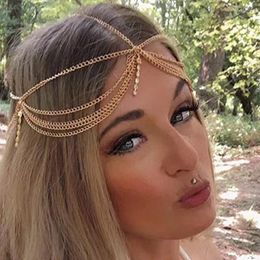 Hair Clips Gold Colour Metal Multilayer Tassels Headband Shiny Crystal Forehead Headpiece For Women Wedding Jewellery