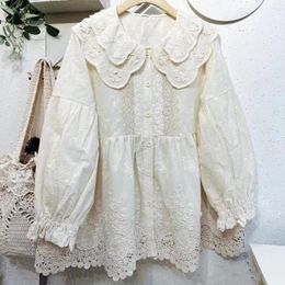 Women's Blouses Women Vintage Cotton Linen Floral Embroidery Long Shirt 2024 Rococo Victorian Cottagecore Tunic Peplum Dress Tops