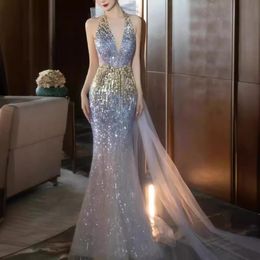 2024 luxury Mermaid Evening Prom Dresses new Women Off Shoulder Long sequined hang Neck Formal Occasion blingbling Floor Length Skirt Dress plus size robes de soiree