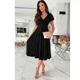 Casual Dresses Dress Women Elegant Outfits Sexy V-Neck Solid Short Sleeved Party Frock Summer Loose Fit Female Large Hem A-Line
