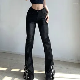 Women's Jeans Women Black Flare Pants Side Slit With Pin Chain 2024 Fall Goth Punk Bottom Full Length Denim Trousers