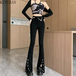 Women's Jeans Black Flare Women Hollowed-out Chain High-waisted Slimming Buttons Split Full Length Denim Pants Boyfriend For