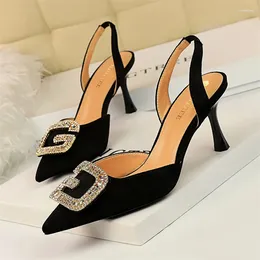 Dress Shoes Crystal Buckle High Heels Sandals Women Pumps Blue Suede Low Heel Summer Shallow Mouth Pointed Toe Party