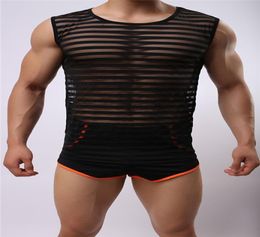 NEW Men Sexy Transparent Mesh Net Shirts Sexy Underwear Undershirts Vest Gym Stripe See Through Tank Tops Night Club Wear4068967