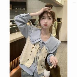 Women's Blouses Spring And Autumn Women Clothing French Sweet Doll Neck Shirt Embroidered Knitted Vest Fashion Two Piece Set For