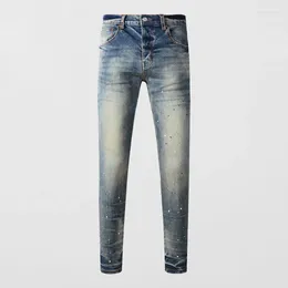 Men's Jeans High Street Fashion Vintage Wash Blue Elastic Slim Fit Speckled Ink Spray Split Designer Hip Hop Brand Pants H