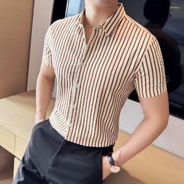 Men's Dress Shirts Vertical Striped High-end Fitted Wrinkle Casual Short-sleeve Shirt. Retro Shirt.M-4XL