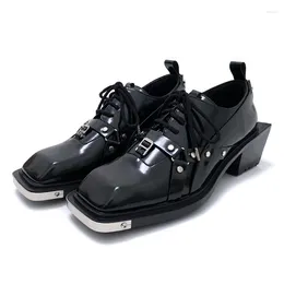 Casual Shoes Shining Black Metal Trendy Cool Men's Leather Buckle Belt Square Toe Punk Young Man Special Unique Heighten Footwear