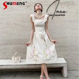 Casual Dresses Women's Elegant Sleeveless Mid-length Dress 2024 Summer 3D Flower Relief Ruffled A- Line Gentle Fairy Lady Style White