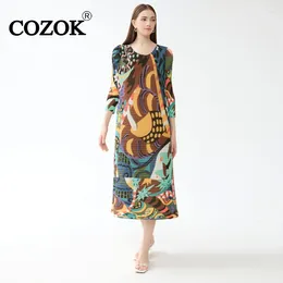 Casual Dresses COZOK Fashion Colorful Painting Large Size Women Pleated Dress 2024 Winter O-Neck Long Sleeve A-line All-match WT526