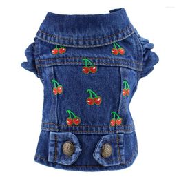 Dog Apparel Cherry Embroidery Jean Jacket For Dogs Design Clothes Small Medium Ruffles Sleeve Lapel Vest Tshirt Cat Costume