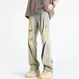 American yellow mud distressed jeans, men's spring/summer hip-hop straight leg ruffled and handsome pants, high street vibe fashion label oversize M520 35