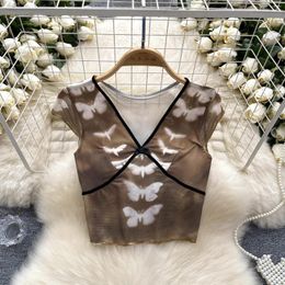 Women's Blouses Women Chic V Neck Mesh Bow Print Tshirt Slim Sexy French Fashion Sweet Short Sleeve Top Summer Beach T Shirt