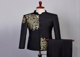 Blazer men embroidery Chinese tunic suit set with pants mens wedding suits costume singer star style stage clothing formal dress 51436333
