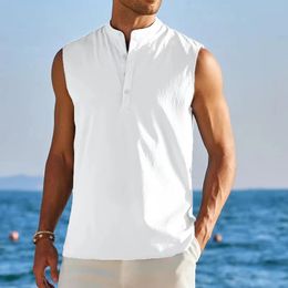 Summer Men Tank Top Turn Down Collar Sleeveless Shirts Imitation Linen Loose Solid Tees Shirt For Men Pullover Streetwear 240520