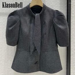 Women's Jackets 5.15 KlasonBell Elegant Temperament Ribbon Stand Collar Collect Waist Grey Outerwear For Women Short Sleeve