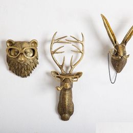 Garden Decorations Antique Bronze Resin Animal Pendant Golden Deer Head Wall Storage Hook Up Background Accessories Decorative Figuri Dh8Ef