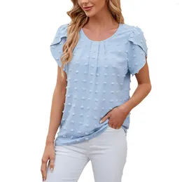 Women's Blouses Summer Jacquard Round Neck Short Sleeved Shirt Solid Color Chiffon Womens Tops Sleeve Casual