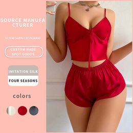 Women's silk suspender, solid color suspender, pajama thin shorts, home sexy two-piece pajama and pajama pants set