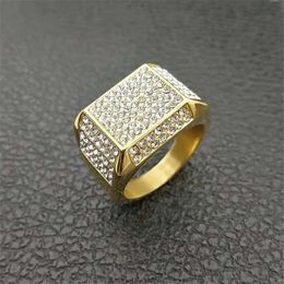 Mens Ring Iced Out Bling Jewellery Male 14K Gold Pave Rhinestones Square Rings For Men Anillos