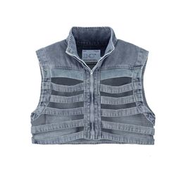 Spring Men Hollow Out Skeleton Design Techwear Denim Vest Y2K Punk Style Streetwear Sleeveless Jackets chaleco 240520