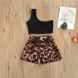 Clothing Sets Baby Girls Fashion Street Stylish Outfits One Shoulder Crop Tops And Leopard Printed Shorts For Children Girl Summer