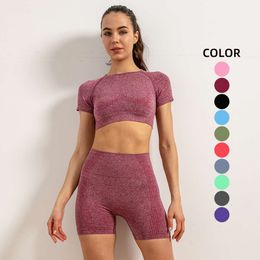 Seamless Yoga Fiess Short Sleeve Crop Top Shirts Running Shorts Workout Clothes For Women Gym Sets 2 Piece Set L240520