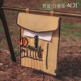 Storage Bags Outdoor Bag Canvas Tableware Hanging Holder Roll Up Folding Portable Multifunctional For BBQ Picnic Kitchen