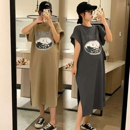 2024 Summer Casual Printed Cotton Maternity Long Tees Side Splits Loose Straight Dress Clothes for Pregnant Women 3XL Pregnancy L2405