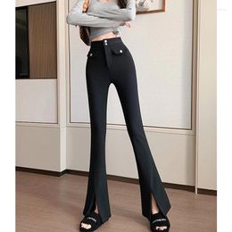 Women's Pants Bottoms Black Pocket Decoration High Waist Vintage Thin Straight Autumn Fashion Leisure Split Flare Trouser