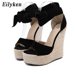 Sandals EilyKen 2024 Summer Butterfly-Knot Open Toe Women Sandals Fashion Solid Platform High Heel Wedge Shoes Ankle Lace-up Pumps J240520