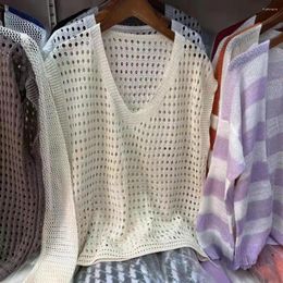 Women's Blouses See-through Pullover Tops Stylish V-neck Knitting With Short Sleeves Hollow Out Design Sunscreen For Streetwear
