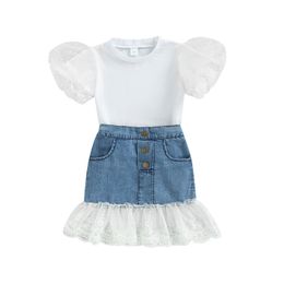 1-5 Years Girls Summer Clothes Sets Round Neck Short Sleeve Dot Mesh Puff Sleeve T-shirt Lace Hem Elastic Denim Skirt 240518