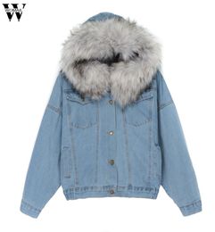 Women Hooded Thick Jeans Jackets Denim Fleece Faux Fur Collar Coat Women Winter Padded Warm Coats Outwear Jacket9655642