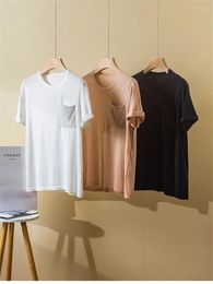 Women's T Shirts Beaded Pocket Women Solid Colour T-Shirt Round Neck Short Sleeve Summer 2024 Ladies Casual Simple Knit Tee Top