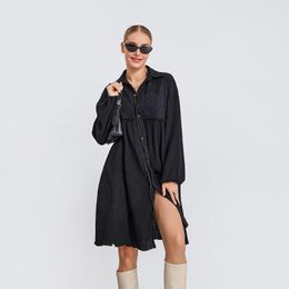 Casual Dresses Women's Spring Autumn Solid Colour Shirt Dress Long Sleeve Turn-Down Collar Loose Knee Length