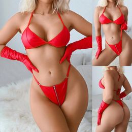 Bras Sets Triangle Bra And Panties Women's 3 Piece Erotic Clothes Temptation Red Gathered Sexy Lingeries Suits Zipper Up