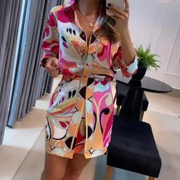 Women Lapel Long Sleeved Shirt and Aline Skirt Suit Casual Commuting Slim Outfits Spring Elegant Pattern Printed Party Set 240511