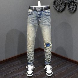 Men's Jeans High Street Fashion Men Retro Washed Blue Stretch Skinny Fit Painted Ripped Patched Designer Hip Hop Brand Pants