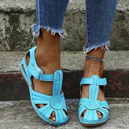 Casual Shoes Summer 2024simple Solid Colour Thick-soled Wedge-heeled Women's Roman Narrow-strap Hollow Leather Womens Sandals