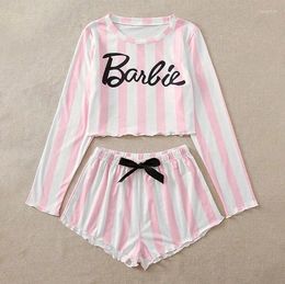 Home Clothing Pink And White Striped Pajamas Women's Suit Casual Long Sleeve Shorts Ladies' Homewear Two-Piece Set W0259