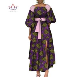 Bintarealwax African Dresses for Women Contrast Stitching African Wax Print Puff Sleeve Long Maxi Dress with Belt Party WY10287
