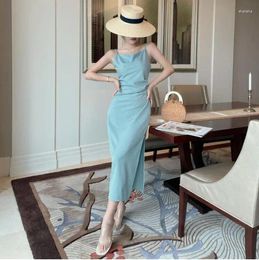 Casual Dresses NONSAR Draped Satin Swing Collar Suspender Women's Summer Waist Slim Pleated Temperament Slit Sleeveless Dress