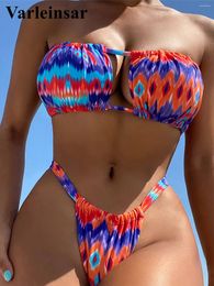 Women's Swimwear Sexy Printed Bandeau High Leg Cut Bikini Female Swimsuit Women Two-pieces Set Bather Bathing Suit Swim V5107