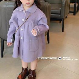 Jackets Girl Top 2024 Autumn Winter Korean Fashion Style Mid Length Woollen Coat Baby Solid Thick Lapel Jacket Children Clothes