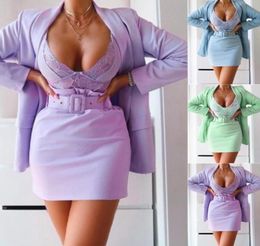 Fashion 2Piece Sets Women Blazer Sexy Slash Neck Office Long Sleeve Suit CoatSkirt Set Pink Blazer Women Clothing1733533
