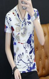 summer korean ice silk mens shortsleeved tshirt with slim body vneck design and Colour tshirt plus size m3xl9307462