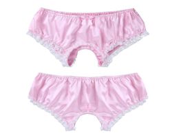 Gay Sissy Open Crotch Briefs Male Skirted Underwear Soft Shiny Satin Ruffled Lace Trim Panties Men Crotchless Thong Gstring Under3789844